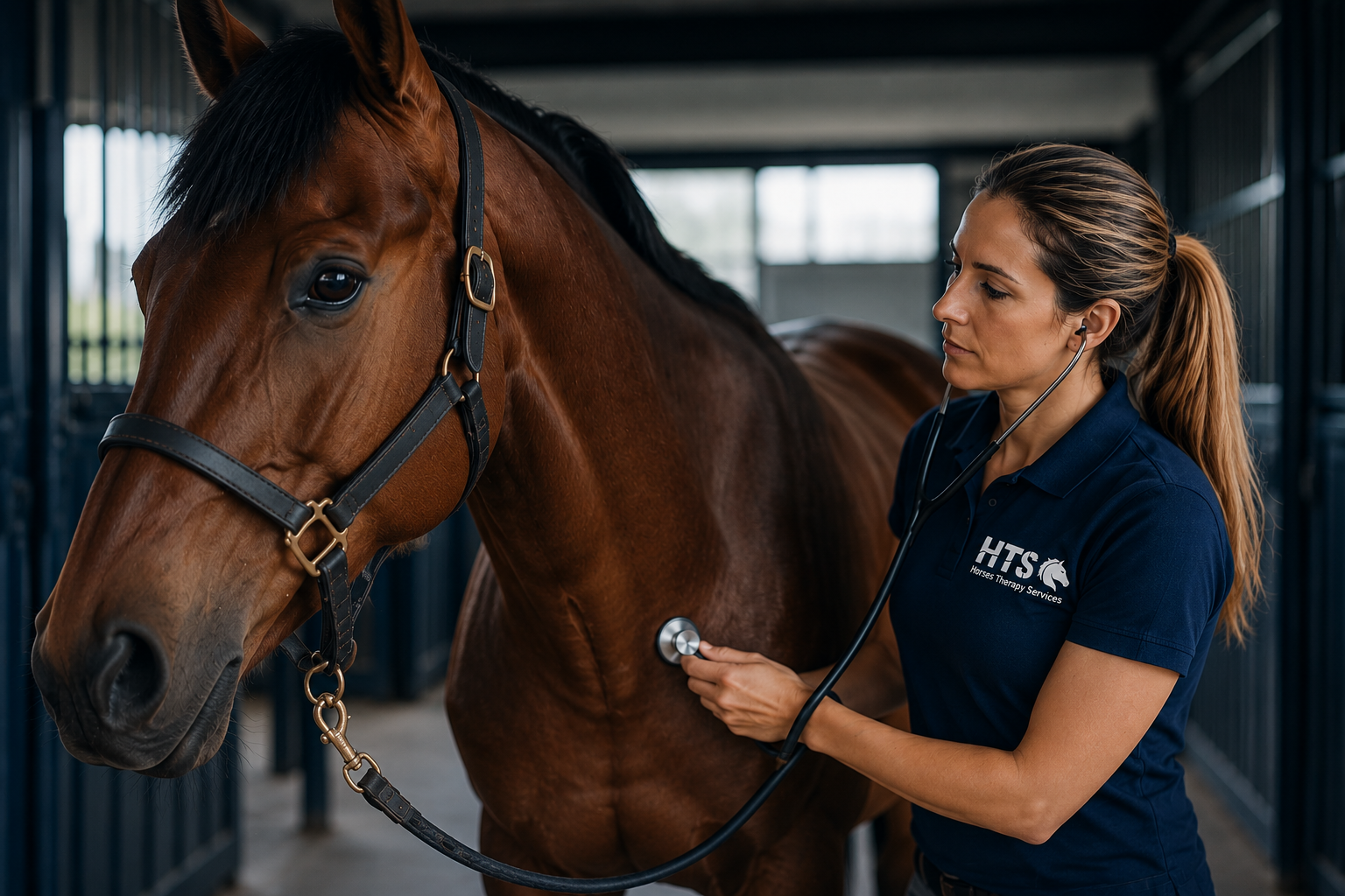 Veterinária equina a examinar um cavalo com um estetoscópio
